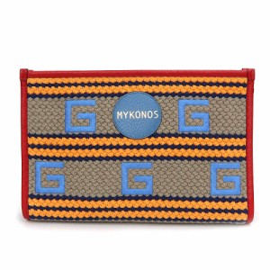 （新品・未使用品）グッチ GUCCI リゾート MYKONOS ストライプ ポーチ クラッチ セカンドバッグ ファブリック レザー ブラウン ブルー レ