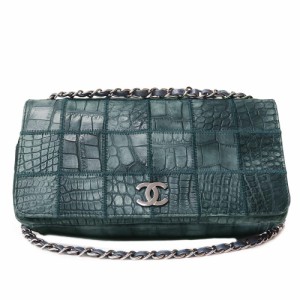 （中古）シャネル CHANEL フルフラップ スクエアステッチ チェーン ショルダーバッグ 2WAY アリゲーター エキゾチックレザー ダークブル