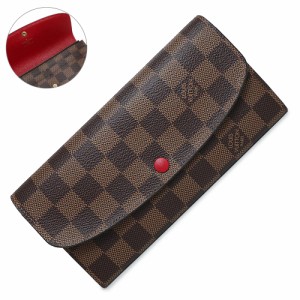 （新品同様品）ルイ ヴィトン LOUIS VUITTON ポルトフォイユ エミリー 二つ折り長財布 ダミエ ブラウン ルージュ レッド 茶 赤 ゴールド