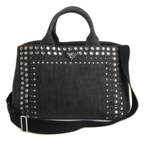 （未使用　展示品）プラダ PRADA カナパ ビジュー スタッズ 2way ショルダー ハンドバッグ 斜め掛け デニム キャンバス トライアングル 