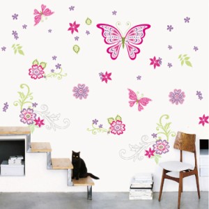 ウォールステッカー 壁 ウォール シール 花 蝶 はがせる 取り外し ルーム 部屋 寝室 子供部屋 リビング 壁面装飾 かわいい