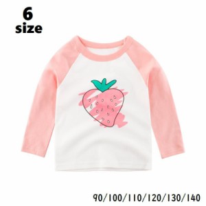 Tシャツ 長袖 プルオーバー ラウンドネック 丸首 トップス キッズ ベビー 女の子 女児 子供服 プリント イチゴ ストロベリ