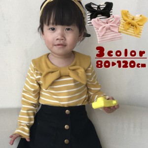 カットソー 長袖 ボウタイ ボーダー柄 子供服 キッズ トップス 背中ボタン かわいい 可愛い ガーリー おしゃれ 女の子 女児