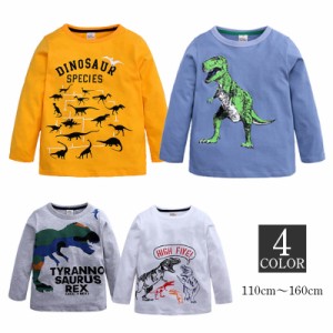 長袖Tシャツ ロンT トップス 子供服 キッズ 男の子 女の子 ジュニア ラウンドネック プリント 恐竜 カジュアル シンプル 