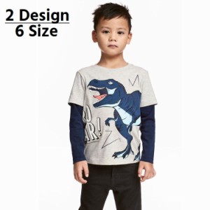 長袖Tシャツ カットソー プリントシャツ キッズ 男子 男の子 子供服 フェイクレイヤード 重ね着風 クルーネック 恐竜 迷彩 