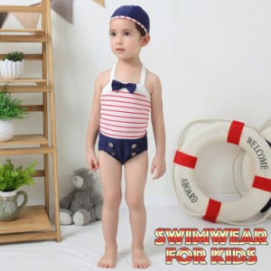 水着 ワンピースタイプ 2点セット 子供用 キッズ 女の子 水泳帽 スイムウェア 袖なし ノースリーブ ボーダー リボン ボタン