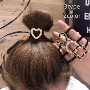 ヘアゴム ヘアアクセサリー レディース 髪ゴム まとめ髪 ゴールドカラー 2連 ハート サークル スクエア モチーフ 大ぶり タ