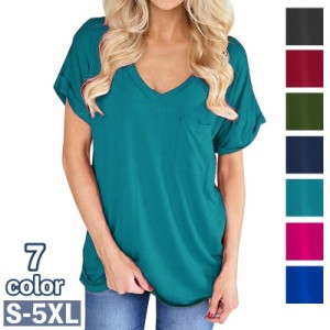 Tシャツ チュニック カットソー レディース 女性 半袖 Vネック 胸ポケット 大きいサイズあり ゆったり ゆるっとシルエット 