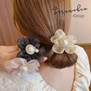 シュシュ レディース ヘアアクセサリー フェイクパール ラインストーン キラキラ チュール シフォン 光沢 ラメ ドット柄 上品