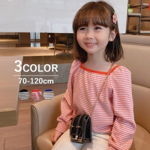 カットソー 長袖 スクエアネック キッズ ベビー 子供服 女の子 パフスリーブ ボーダー柄 Tシャツ トップス カジュアル おし