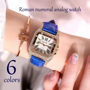 腕時計 リストウォッチ アナログ レディース ローマ数字 ラインストーン スクエアフェイス ホワイトフェイス 型押しベルト 上品