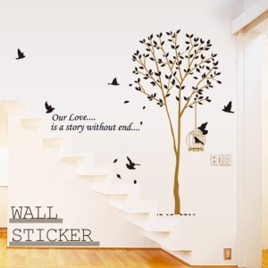 ウォールステッカー 壁 木 ツリー 鳥 鳥かご 英字 シール式 壁紙シール おしゃれ かわいい シンプル ナチュラル 自然 リビ