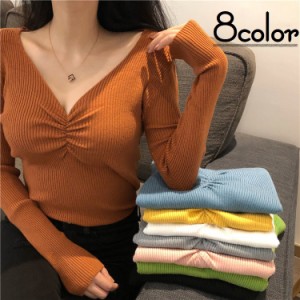 カットソー 長袖 ロングＴシャツ レディース 女性 トップス Vネック ギャザー シャーリング リブ生地 無地 単色 おしゃれ 