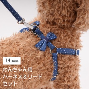 ハーネス リード 2点セット ペット用品 犬用 小型犬 散歩ひも 胴輪 リボン ドット ストライプ かわいい おしゃれ ガーリー