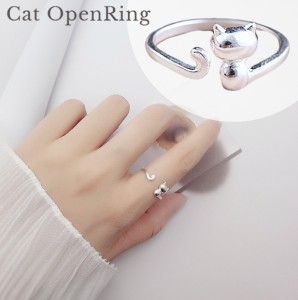 指輪 リング 猫 cat オープンリング レディース アクセサリー ジュエリー サイズ調節可能 キャット かわいい シルバーカラ