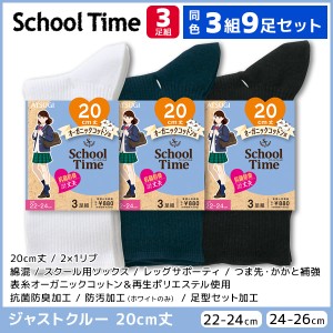 同色3組セット 計9足 School time スクールタイム 20cm丈 リブ スクールソックス 3足組 ジャストクルー丈 アツギ ATSUGI | 靴下 ガールズ