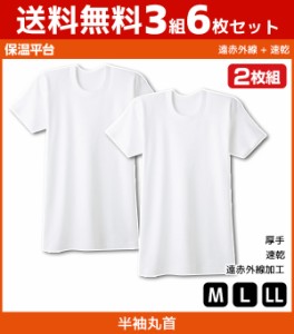 送料無料3組セット 計6枚 保温平台 遠赤外線加工 速乾 厚手スムース クルーネックTシャツ 半袖丸首 2枚組 グンゼ GUNZE 綿100% 防寒イン