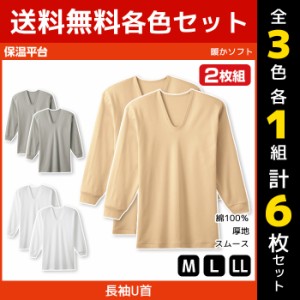 3色1組ずつ 送料無料3組セット 計6枚 保温平台 暖かソフト 長袖 UネックTシャツ 長袖U首 2枚組 グンゼ GUNZE 防寒インナー 温感 | メンズ