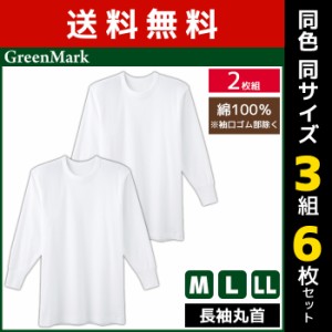 送料無料 同色3組セット 計6枚 GreenMark 長袖丸首 2枚組 Tシャツ 綿100% 肌着 グンゼ GUNZE | メンズ 男性 インナーシャツ クルーネック