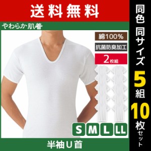 送料無料 同色5組セット 計10枚 やわらか肌着 半袖U首シャツ 2枚組 Uネック Tシャツ グンゼ GUNZE | メンズ 男性 紳士 インナーシャツ u