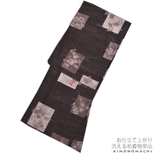 【Prices down】紬風 袷着物単品「黒茶色 花色紙」M、Lサイズ プレタ 洗える着物 小紋 洒落着 [送料無料]ss2403kck15