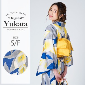 京都きもの町オリジナル 浴衣単品「紺色 カラーの花」綿 S、F、女性浴衣ss2403ykl50