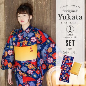 京都きもの町オリジナル 浴衣2点セット「青色 枝垂れ桜に笠」 浴衣、帯の浴衣2点セットSS2312ykl15
