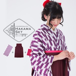 袴セット レディース 卒業式 二尺袖着物と袴の3点セット「紫×白 矢羽」