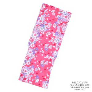 袷着物 単品「ピンク 桜・ハート」フリーサイズ 着物 小紋 洗える着物 お仕立て上がり 普段着きもの カジュアル着物 レディース ポリエス