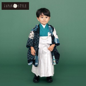 七五三 着物 男の子 3歳 ブランド 羽織袴セット JAPAN STYLE ジャパンスタイル 「ネイビー ターコイズ 鷹と帆船」 フルセット 3歳向け 3