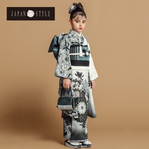 七五三 7歳 四つ身着物フルセット ブランド JAPAN STYLE ジャパンスタイル「白黒 剣菊」女の子 7才 女児用 子供着物 七才のお祝い着向け