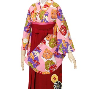 【中古品】袴セット レディース 卒業式 「二尺袖：ピンク 九重 扇面に鈴と折り鶴+袴：エンジ×矢絣」貸衣装処分 レンタル処分品 二尺袖 