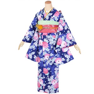 【中古品】ジュニア用 振袖単品 卒業式小学生 「紺 矢羽根に菊と桜」 仕立て上がり 着物 小振袖 二尺袖 子ども 子供 キッズ ジュニア 女