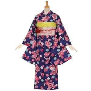 【中古品】ジュニア用 振袖単品 卒業式小学生  「紺 藤に菊梅」 仕立て上がり 着物 小振袖 二尺袖 子ども 子供 キッズ ジュニア 女の子 