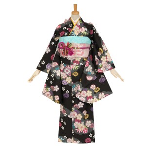 【中古品】ジュニア用 振袖単品 卒業式小学生 「黒 雲取菊に小桜」 仕立て上がり 着物 小振袖 二尺袖 子ども 子供 キッズ ジュニア 女の