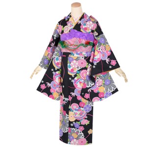 【中古品】ジュニア用 振袖単品 卒業式小学生 「黒 鞠に菊花」 仕立て上がり 着物 小振袖 二尺袖 子ども 子供 キッズ ジュニア 女の子 卒