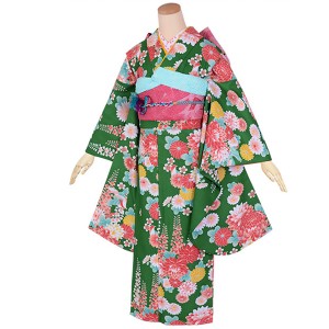 【中古品】ジュニア用 振袖単品 卒業式小学生 「緑 菊と藤の花」 仕立て上がり 襦袢プレゼント 小振袖 着物 子ども 子供 キッズ ジュニア