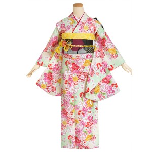 【中古品】ジュニア用 振袖単品 卒業式小学生 「若草色 牡丹に八重桜」 仕立て上がり 着物 小振袖 二尺袖 子ども 子供 キッズ ジュニア 