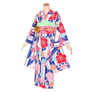 【中古品】ジュニア用 振袖単品 卒業式小学生 「青 矢羽根にねじり梅と笹竹」 仕立て上がり 襦袢プレゼント 小振袖 着物 子ども 子供 キ