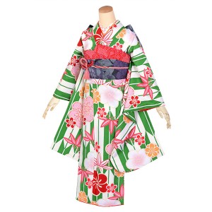 【中古品】ジュニア用 振袖単品 卒業式小学生 「緑 矢羽根にねじり梅と笹竹」 仕立て上がり 襦袢プレゼント 小振袖 着物 子ども 子供 キ