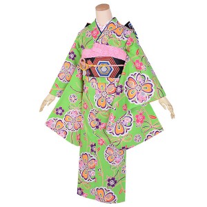 【中古品】ジュニア用 振袖単品 卒業式小学生 「黄緑 花と結び紐」 和遊日 仕立て上がり 着物 小振袖 二尺袖 子ども 子供 キッズ ジュニ