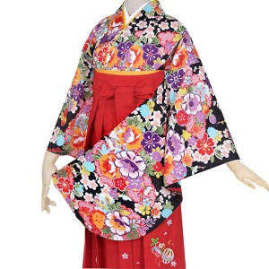 【中古品】ジュニア用 振袖単品「黒 雲取かのこ柄に牡丹」仕立て上がり 小振袖 着物 子ども 子供 キッズ ジュニア 女の子 卒業式 小学校 