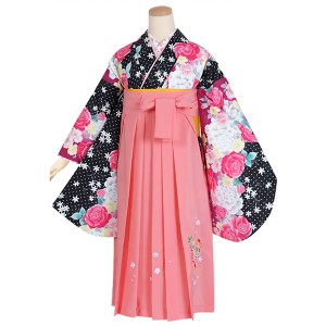 【中古品】ジュニア用 振袖単品「黒×赤紫 ドットにピンクの薔薇」仕立て上がり 小振袖 着物 子ども 子供 キッズ ジュニア 女の子 卒業式