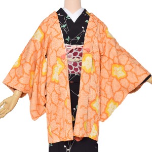 【Prices down2】【中古品】羽織「オレンジ 花」正絹 総絞り 羽織り 【メール便不可】＜T＞ss2309kct10