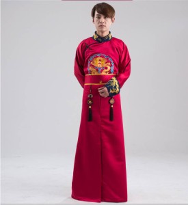 中国清朝服 満州王子服 古装武侠衣装 長袍（チャンパオ） サテン地　酒紅色