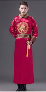 中国清朝服 満州王子服 古装武侠衣装 長袍（チャンパオ） サテン地２ 酒紅色