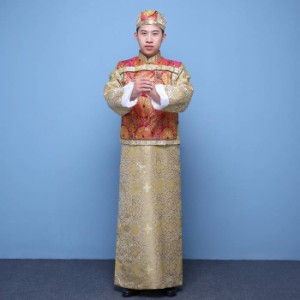 中国清朝服 古装古代地主服 長袍（チャンパオ） サテン地 橘色