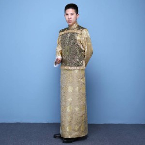 中国清朝服 古装古代地主服 長袍（チャンパオ） サテン地 金色