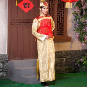 中国清朝服 古装古代地主服 長袍（チャンパオ） サテン地 紅色