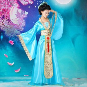 唐装漢服 中華民族服 中国古代宮廷風衣装 チャイナドレス ブルー hhy001